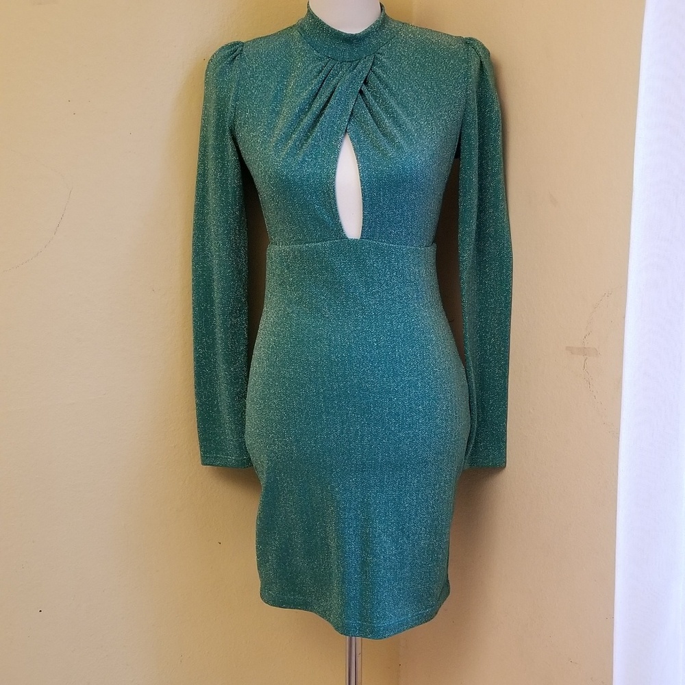 Keyhole Green Gold Glitter Evening Dress